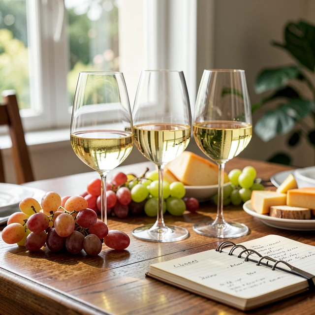 Cozy wine tasting table with white wines and simple accompaniments