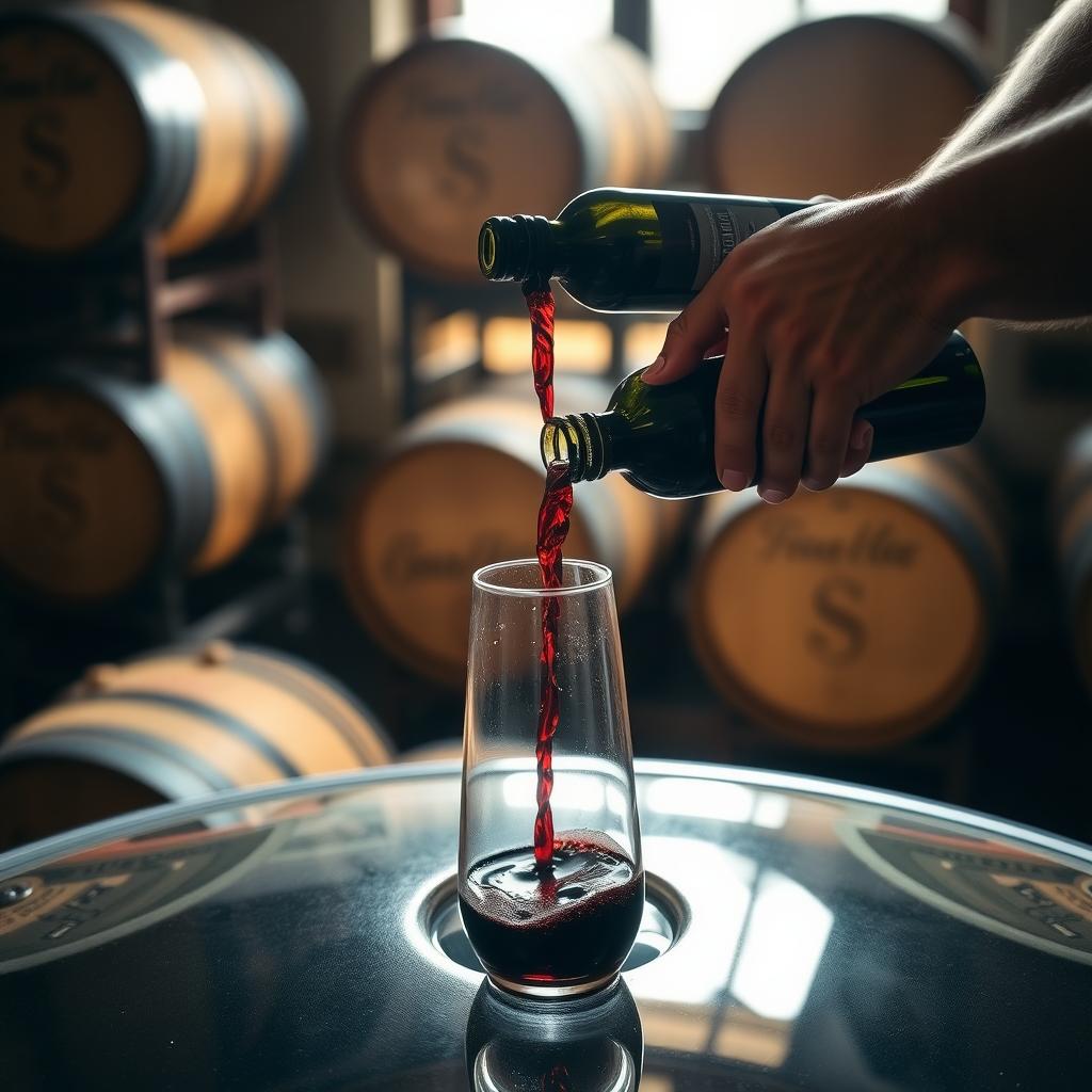 Winemaker blending red wine from barrels into a glass tank in a sunlit winery.
