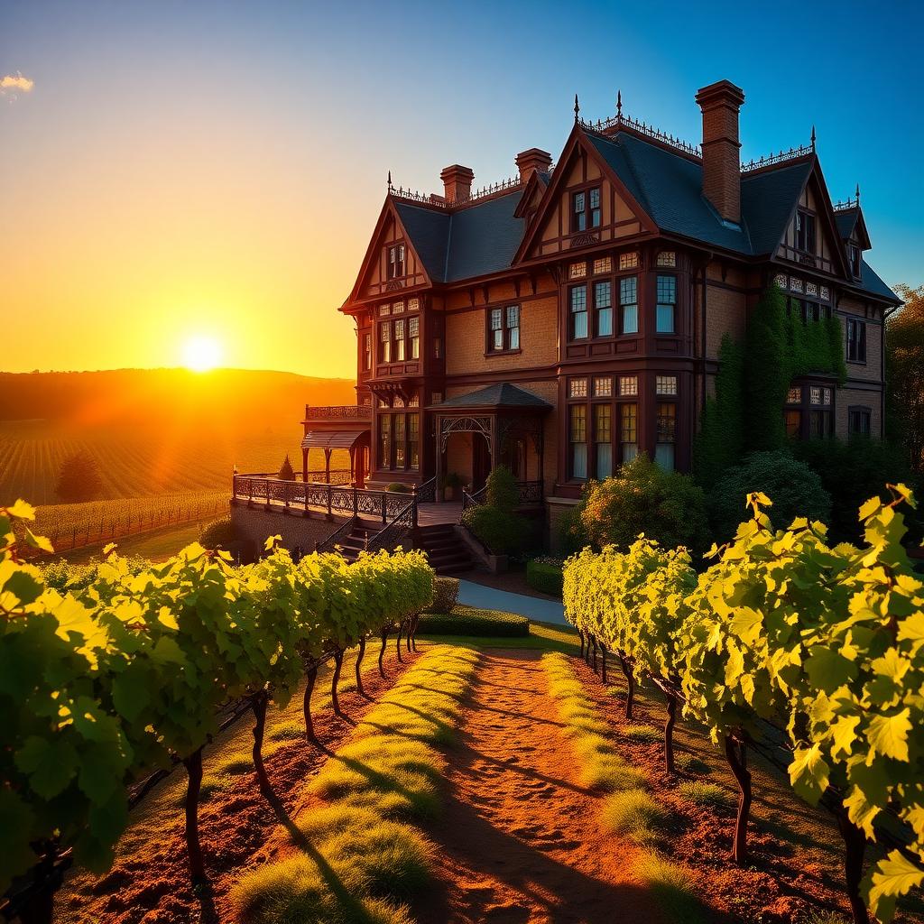 Beringer’s Rhine House at sunset, surrounded by vineyards in Napa Valley