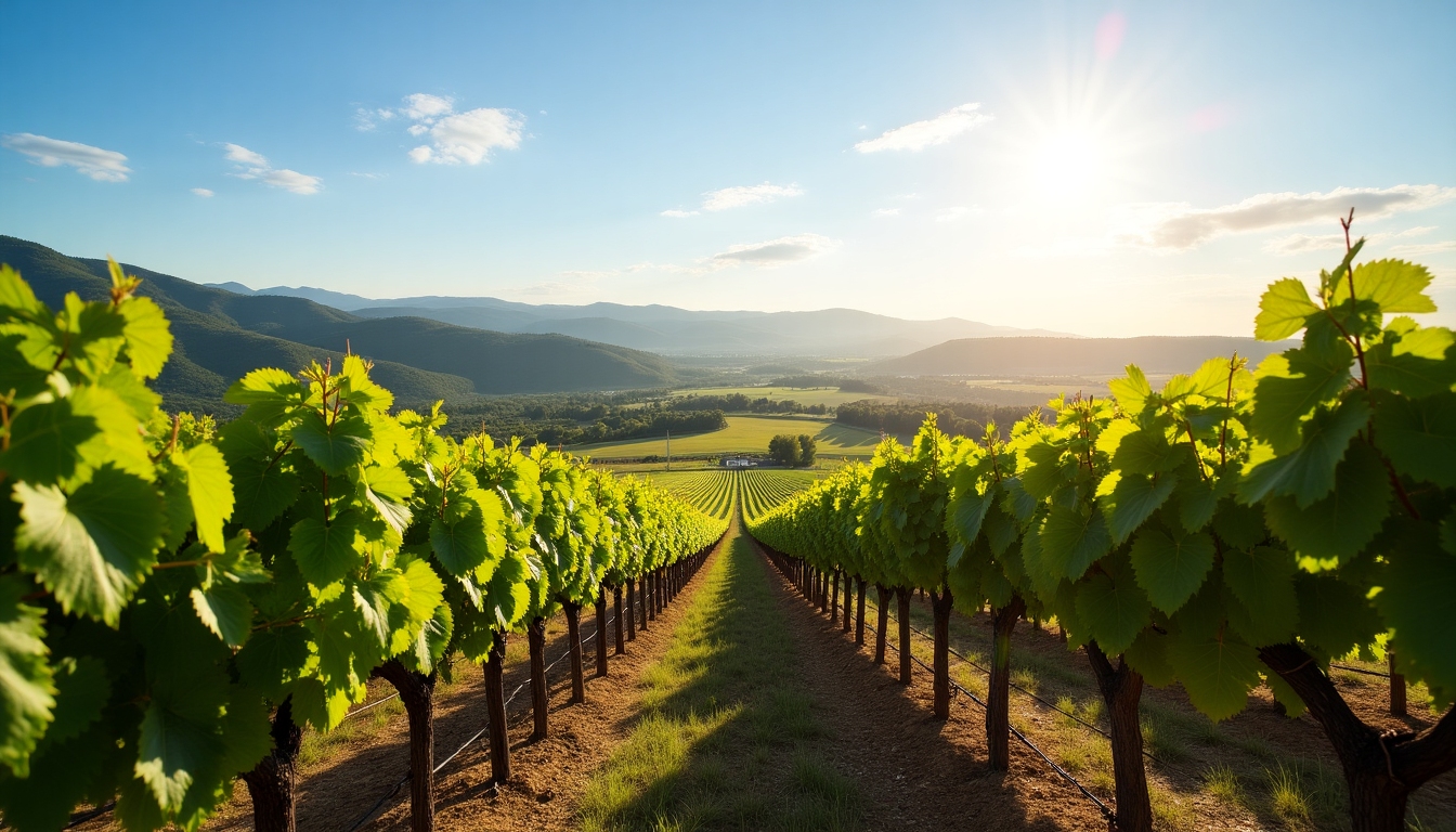 Sun-drenched vineyards in Napa Valley, showcasing rows of lush, green grapevines under a clear blue sky.