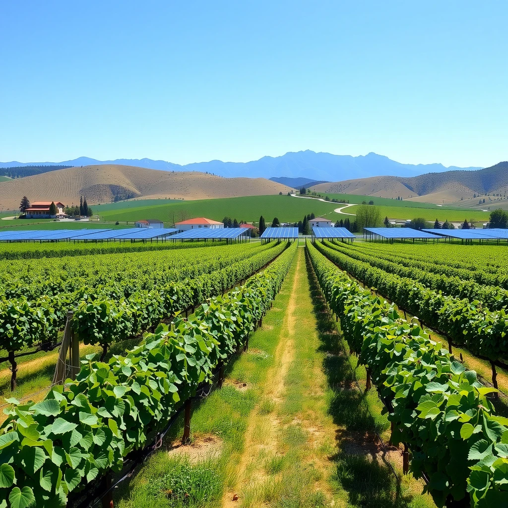 Solar panels integrated into a California vineyard landscape