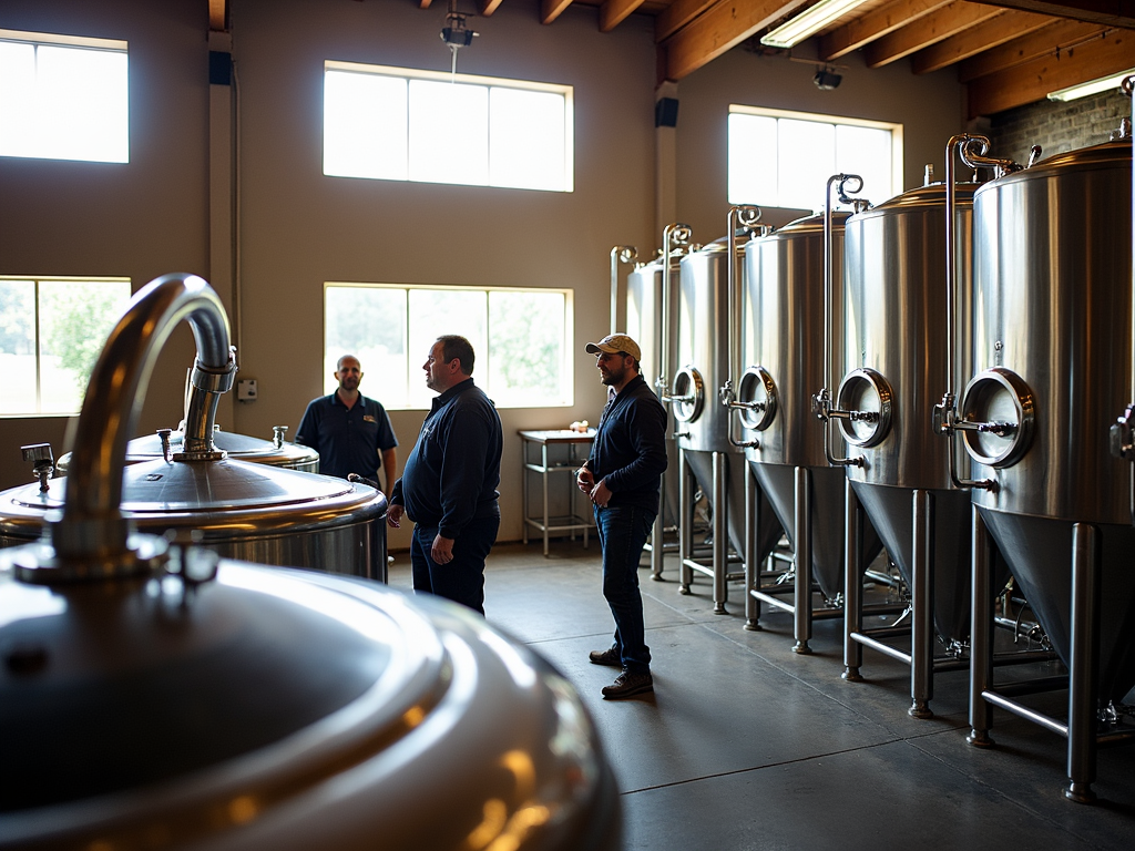 Workers in a solar-powered Jackson Family Wines facility with stainless steel tanks.