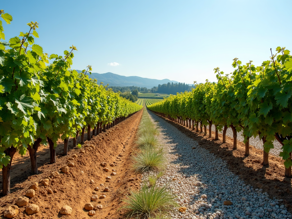 A vibrant vineyard showing diverse soil types that define wine terroir.
