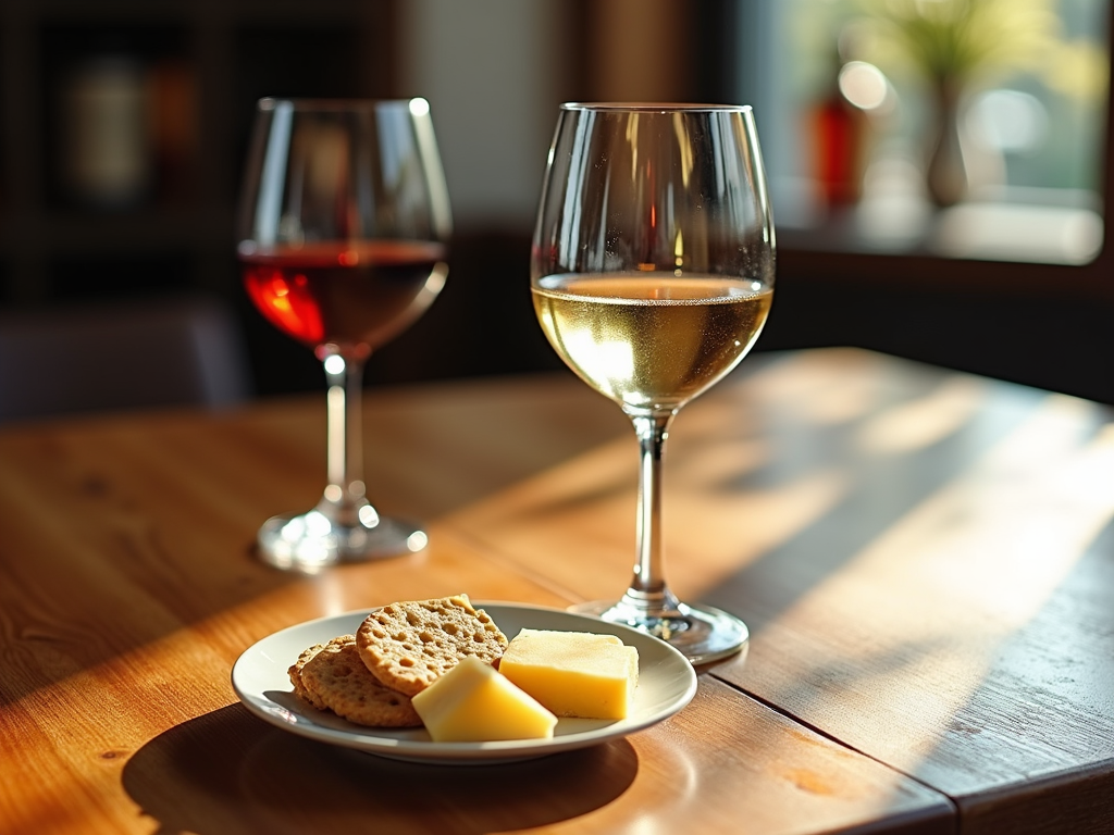 Wine tasting setup with glasses and food on a table