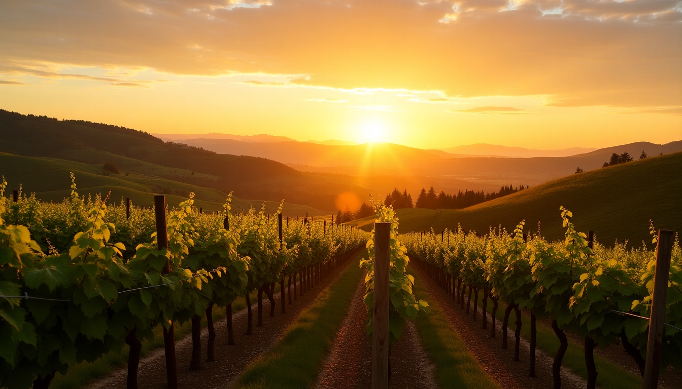 Vineyard landscape at sunset showcasing Beringer's vineyards