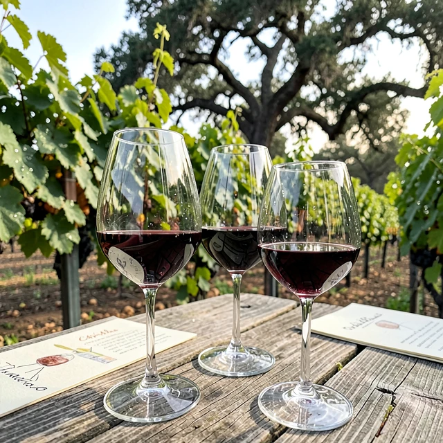 Wine tasting session during a vineyard tour with glasses and scenic vines