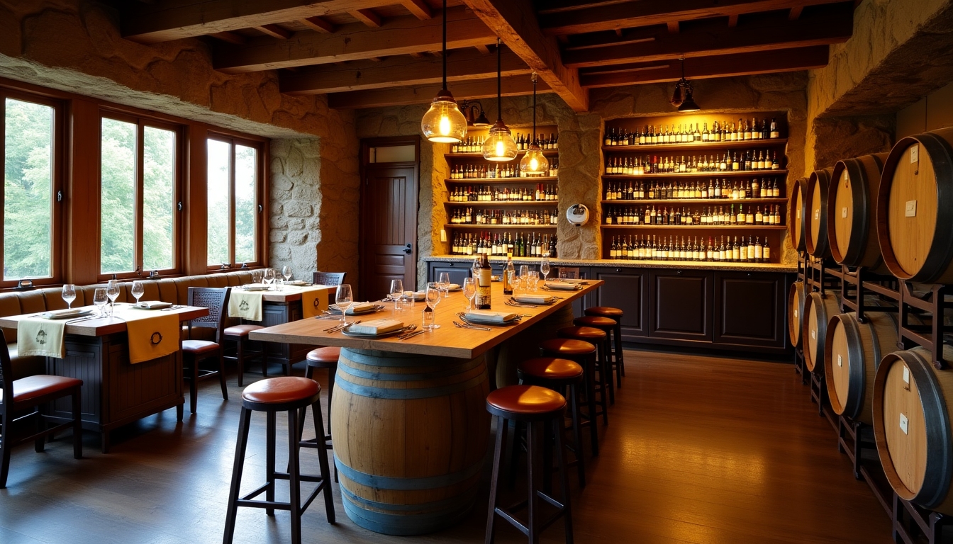wine tasting area with rustic decor and wine barrels