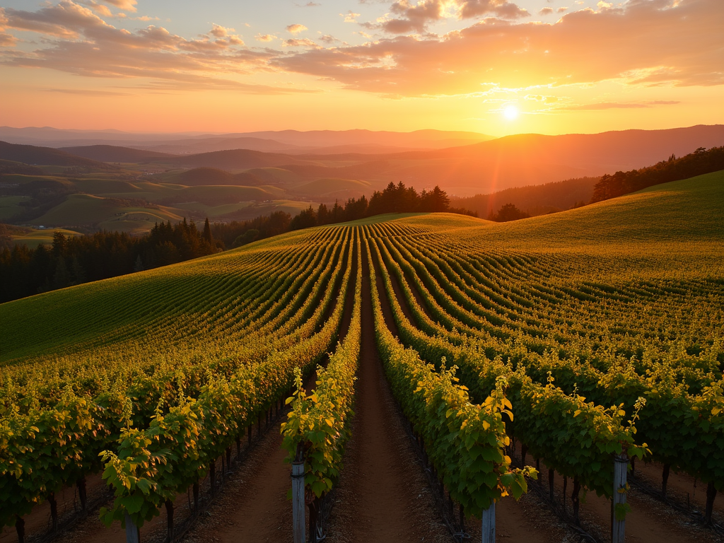 Scenic vineyards in Sonoma County at sunset.