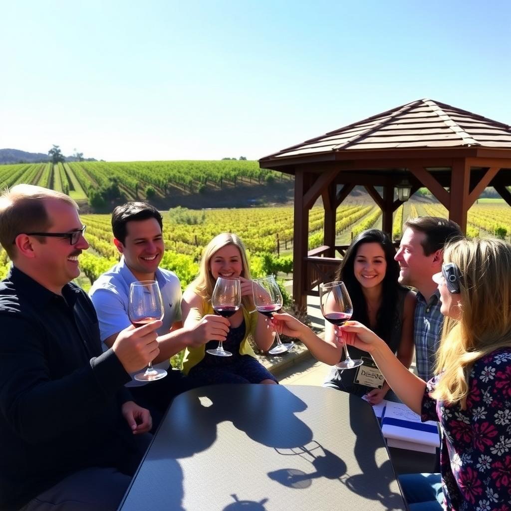 Friends toasting with wine glasses on a winery patio in Sonoma County.