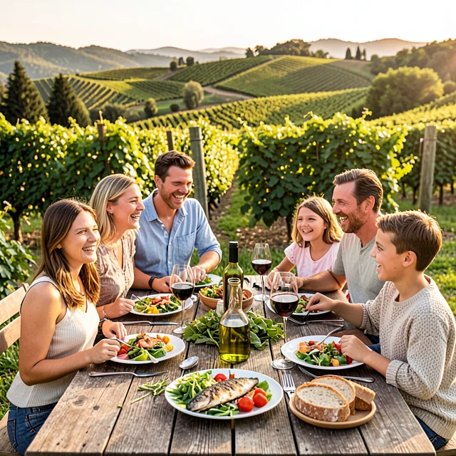 Family enjoying a heart-healthy Mediterranean meal with wine