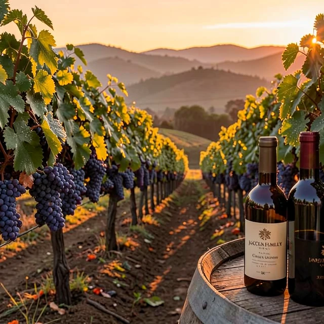 Sunset view of Sonoma vineyard with Jackson Family Wines elements