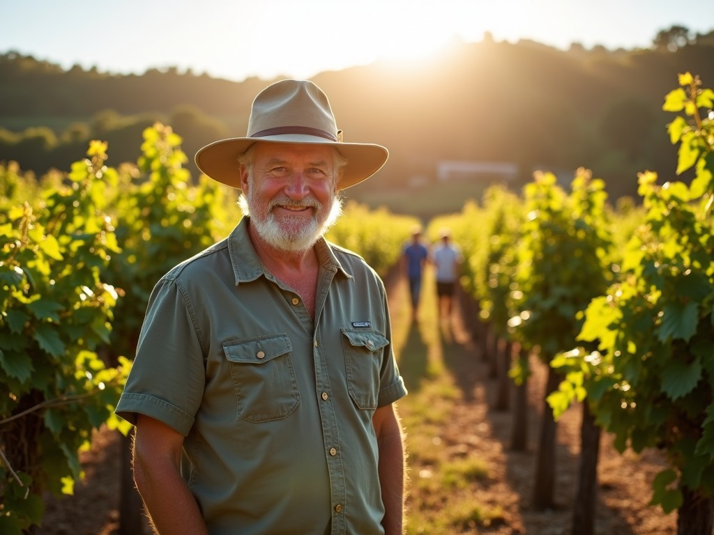 Founder Jess Jackson in a vineyard, overseeing grape harvest.