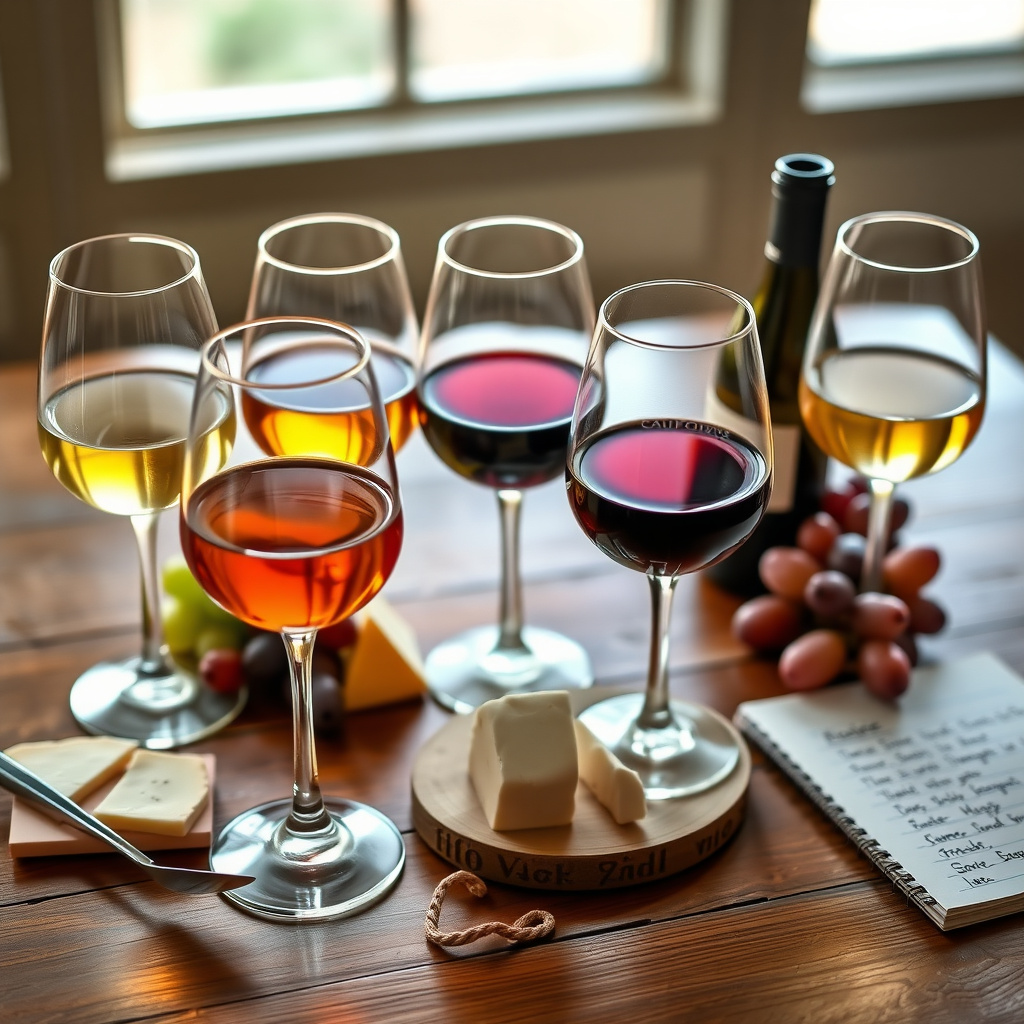 Elegant wine tasting flight with cheeses and grapes