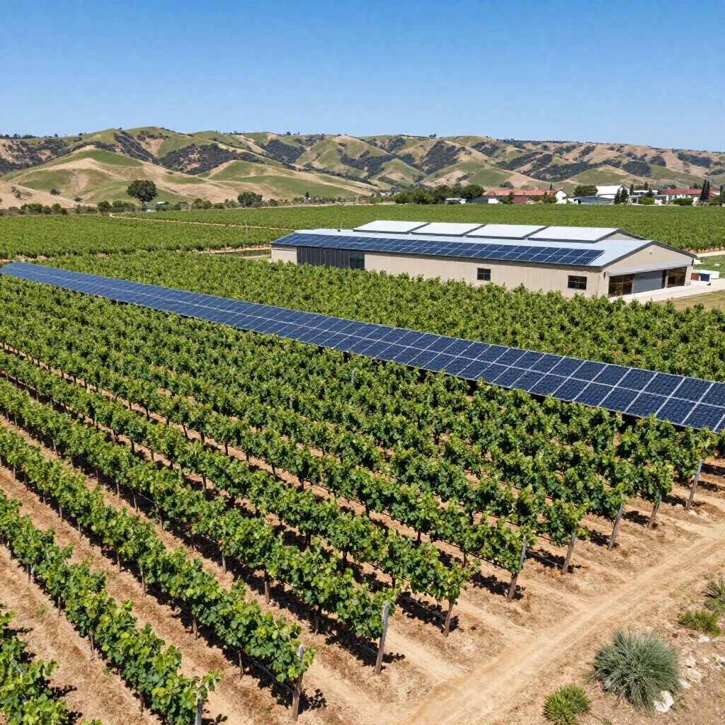 Aerial view of sustainable vineyard featuring solar panels and thriving grapevines at Jackson Family Wines