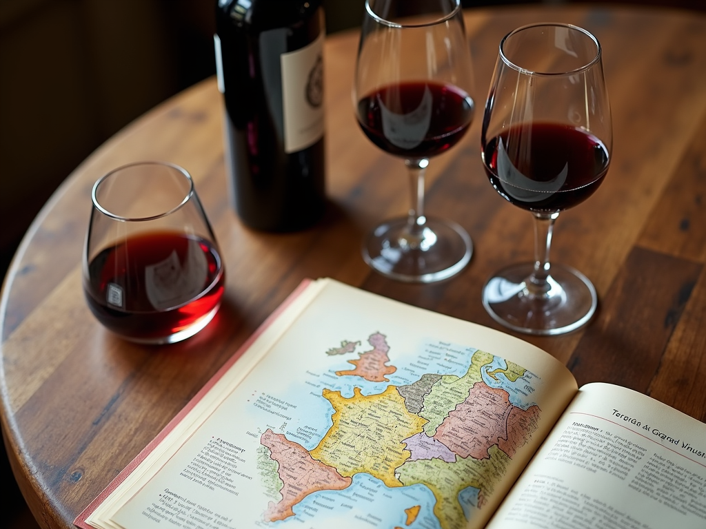 Wine tasting setup with map and glasses