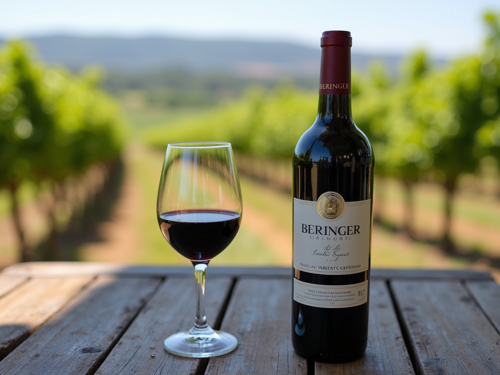 A glass of Beringer Cabernet Sauvignon placed on a rustic wooden table amidst a vineyard setting, capturing its deep red color.