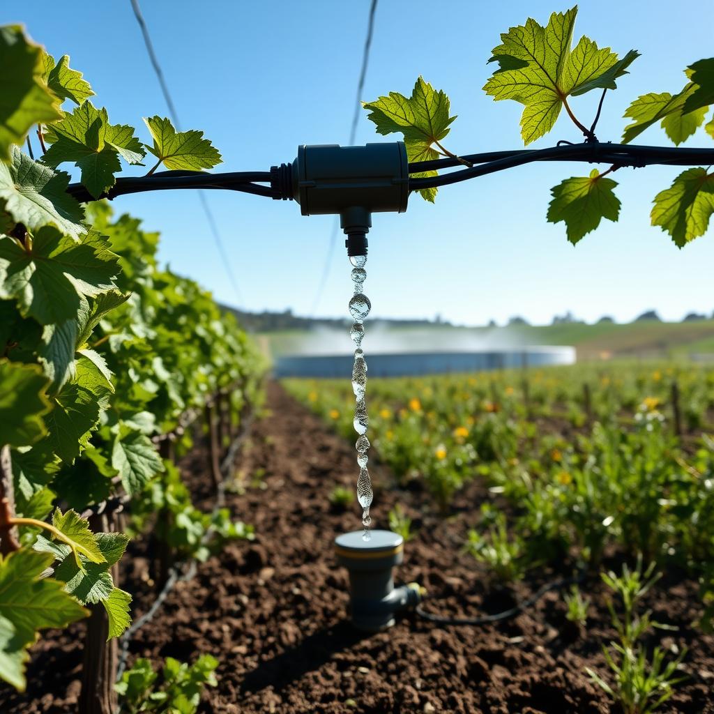 Vineyard irrigation system with rainwater reservoir and native plants.