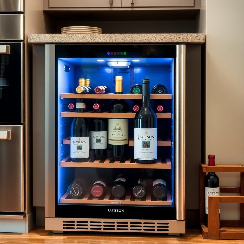 Modern wine fridge in a kitchen with Jackson Family Wines bottles and a wooden rack nearby
