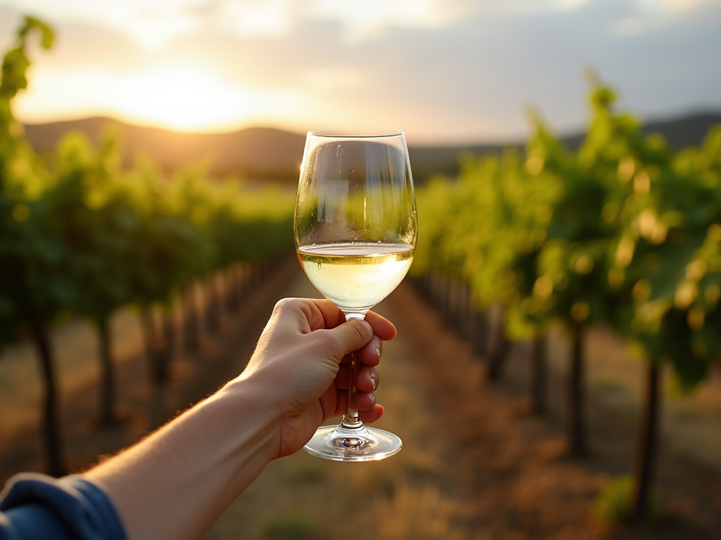 Toasting with wine in a vineyard, celebrating the connection to terroir.