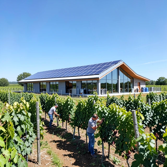 Sustainable winery building with solar panels and organic vineyards