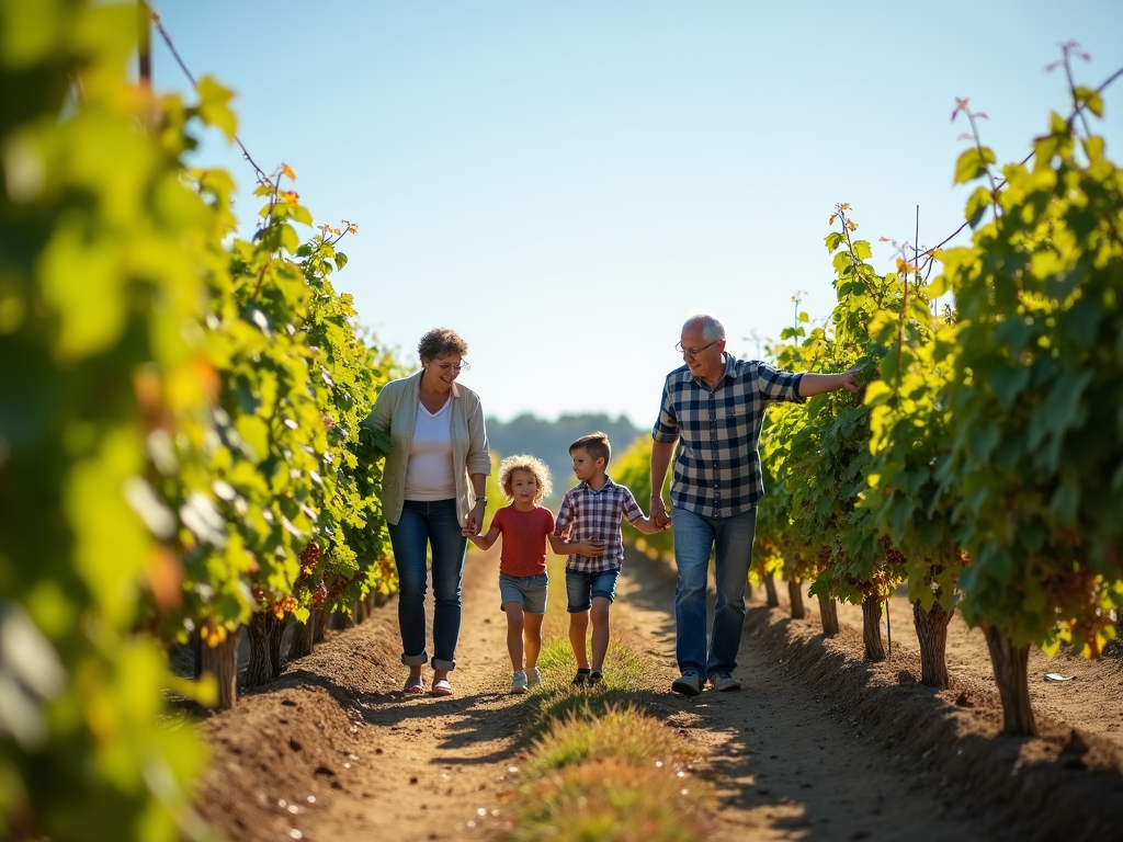 A family harvesting grapes together in their vineyard, showing the strong bond across generations in family-owned wineries.