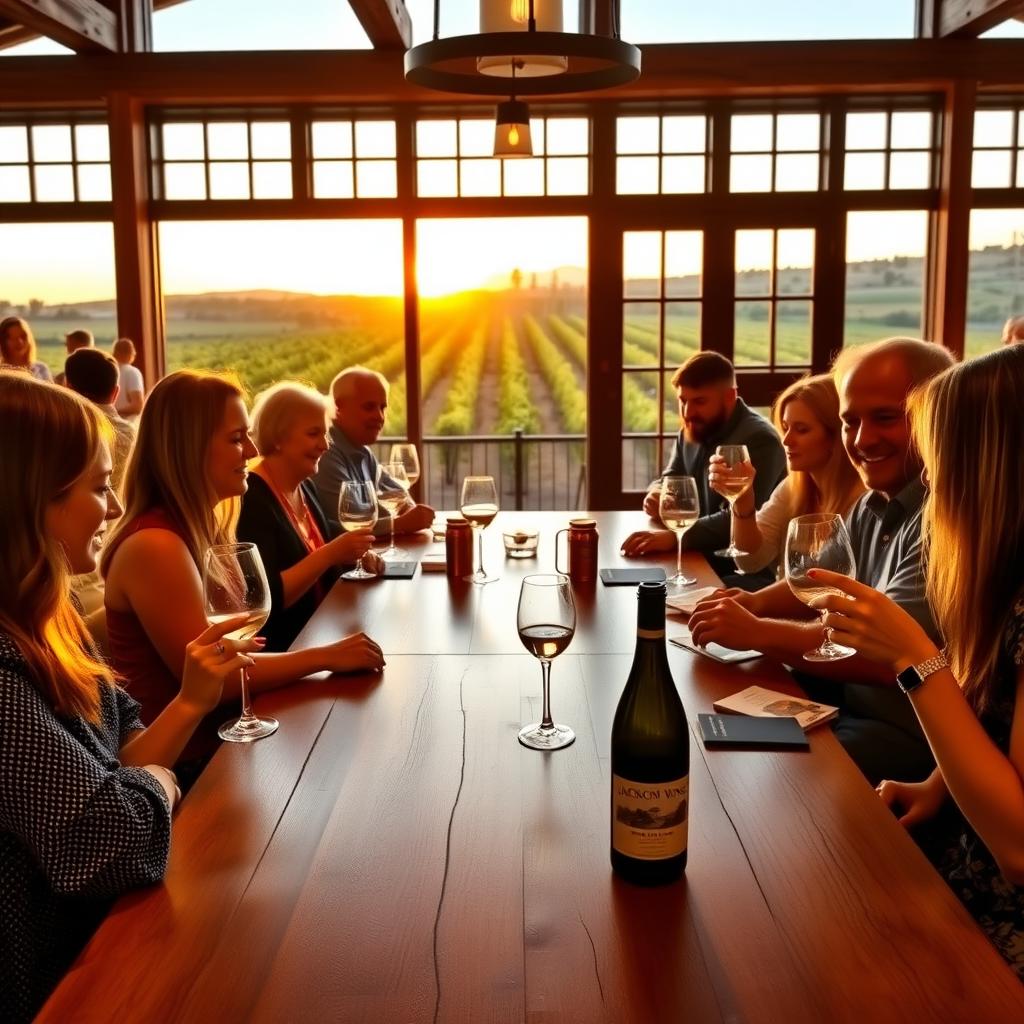 Guests enjoying a wine tasting event at a Jackson Family Wines tasting room with vineyard views.