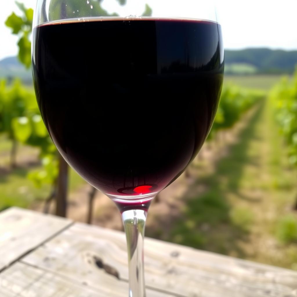 Crystal wine glass with red wine on a wooden table with a vineyard in the background