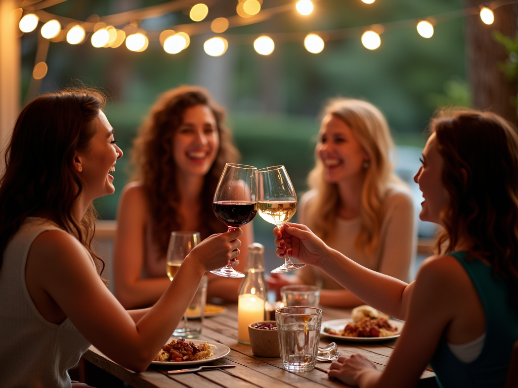 Friends enjoying a wine tasting on a cozy patio