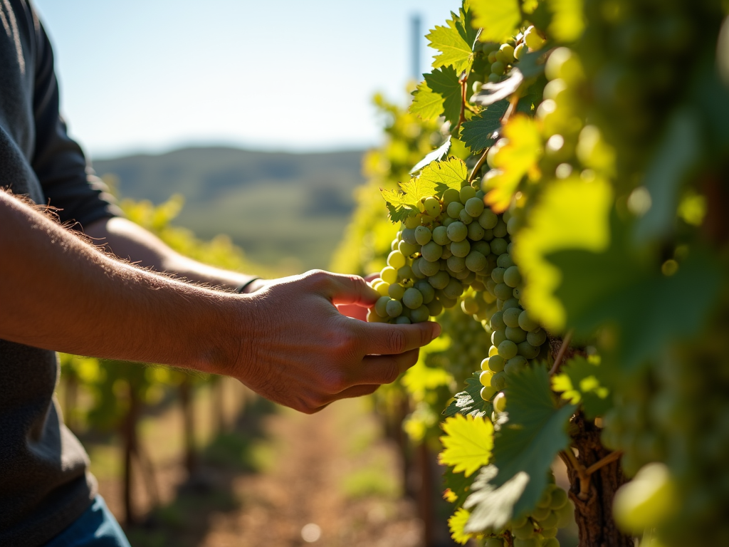 Winemaker tending to grapevines in a sunlit vineyard