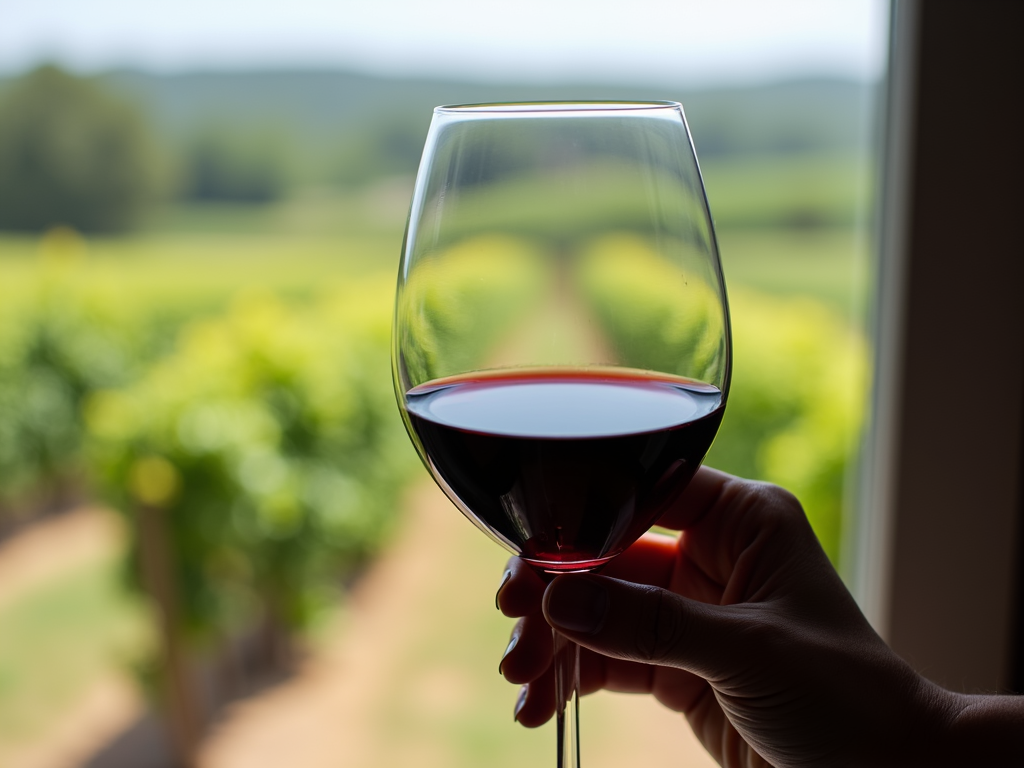 Hand smelling red wine near a vineyard window