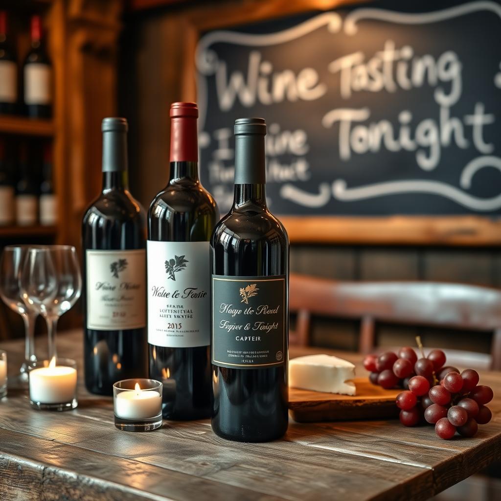 Three wine bottles on a rustic wooden table with a cheese board and candlelight in a cozy wine shop.