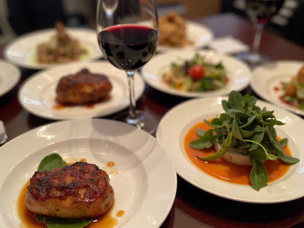 Food and wine pairing on a table.