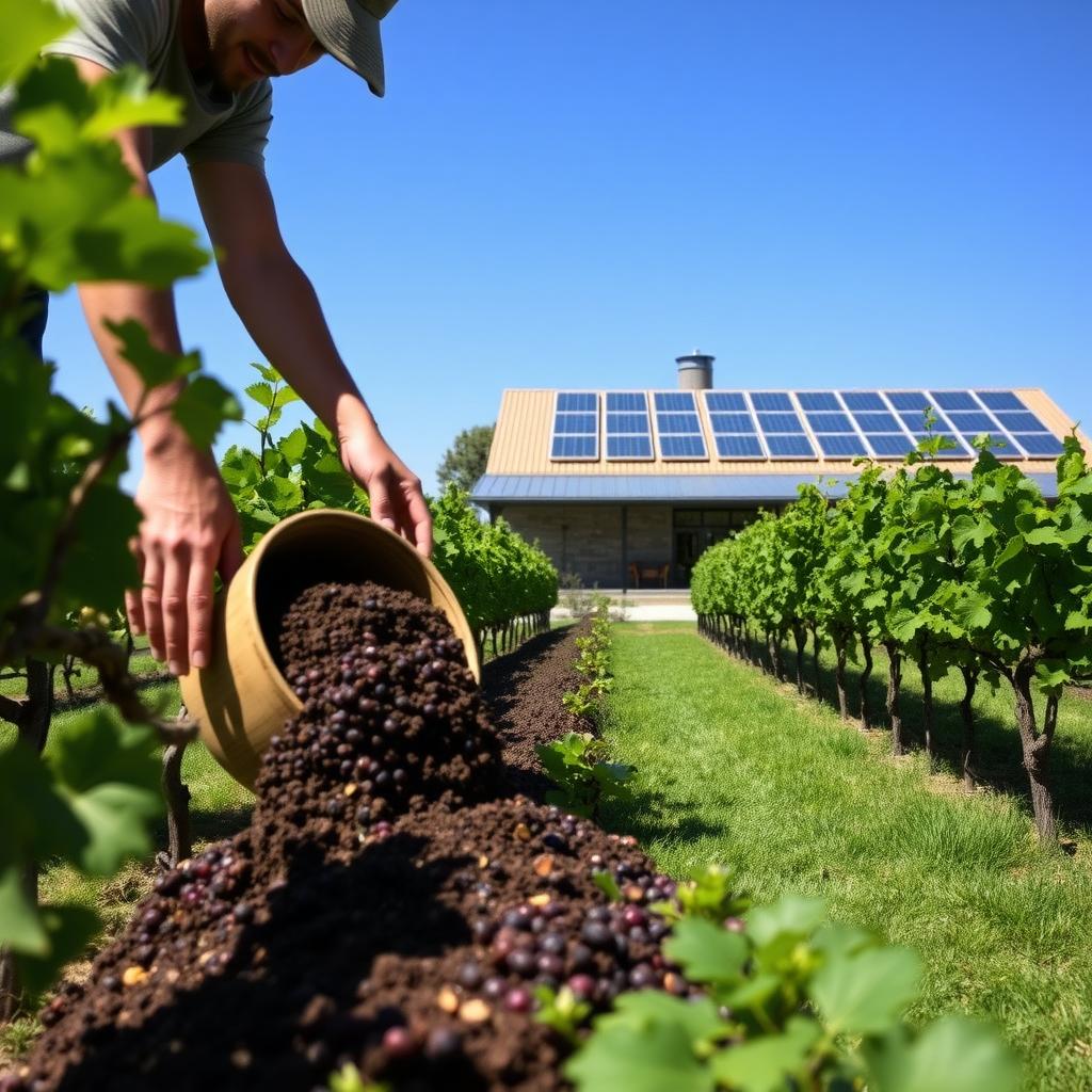 A winery worker adding compost to soil near grapevines, with solar panels on the winery building.