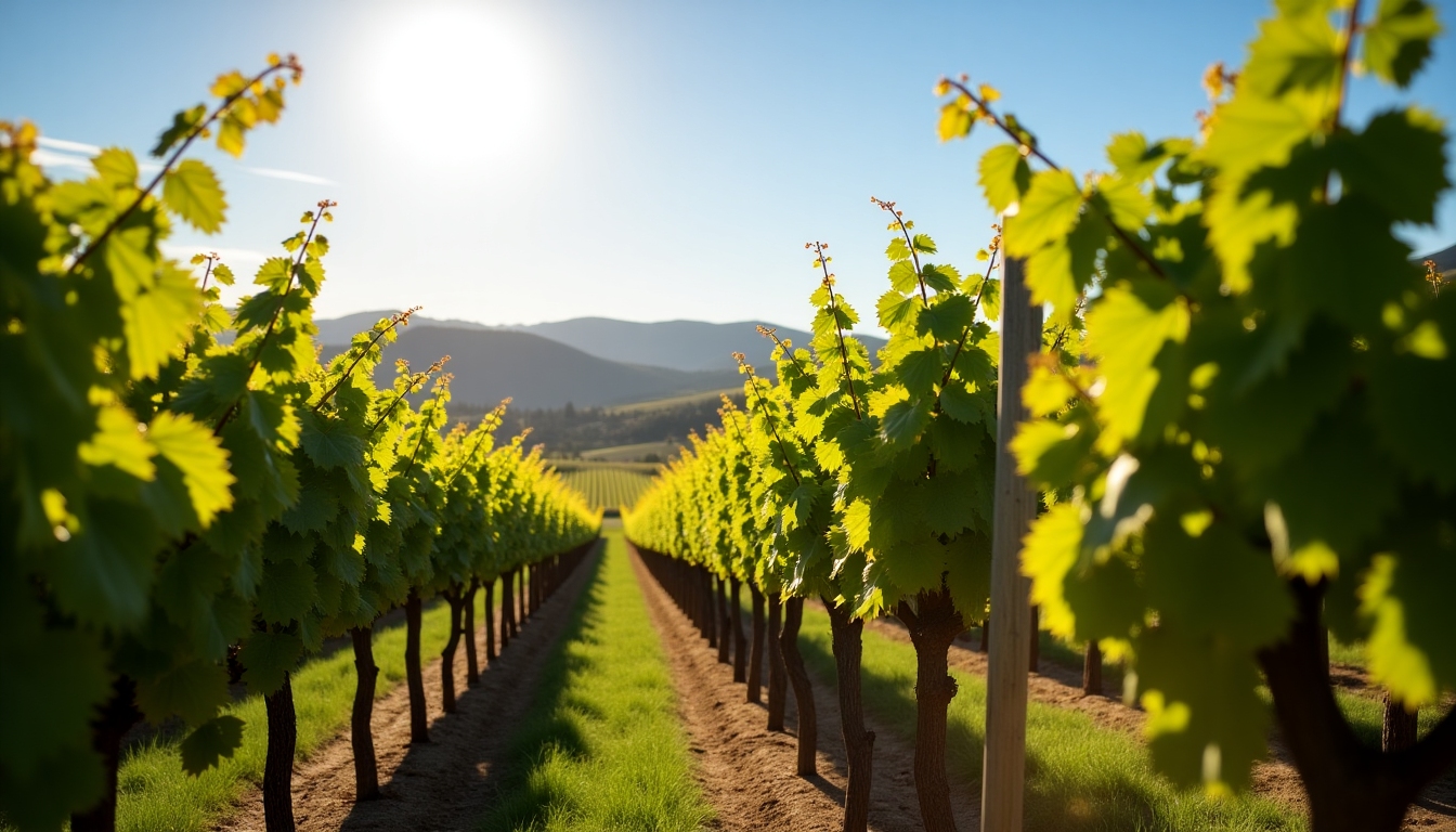 Vineyard in Sonoma County with sunlight filtering through the vines, creating a serene and idyllic scene.