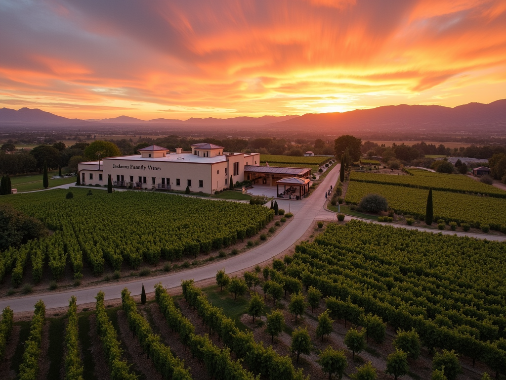 Aerial view of Jackson Family Wines estate at sunset