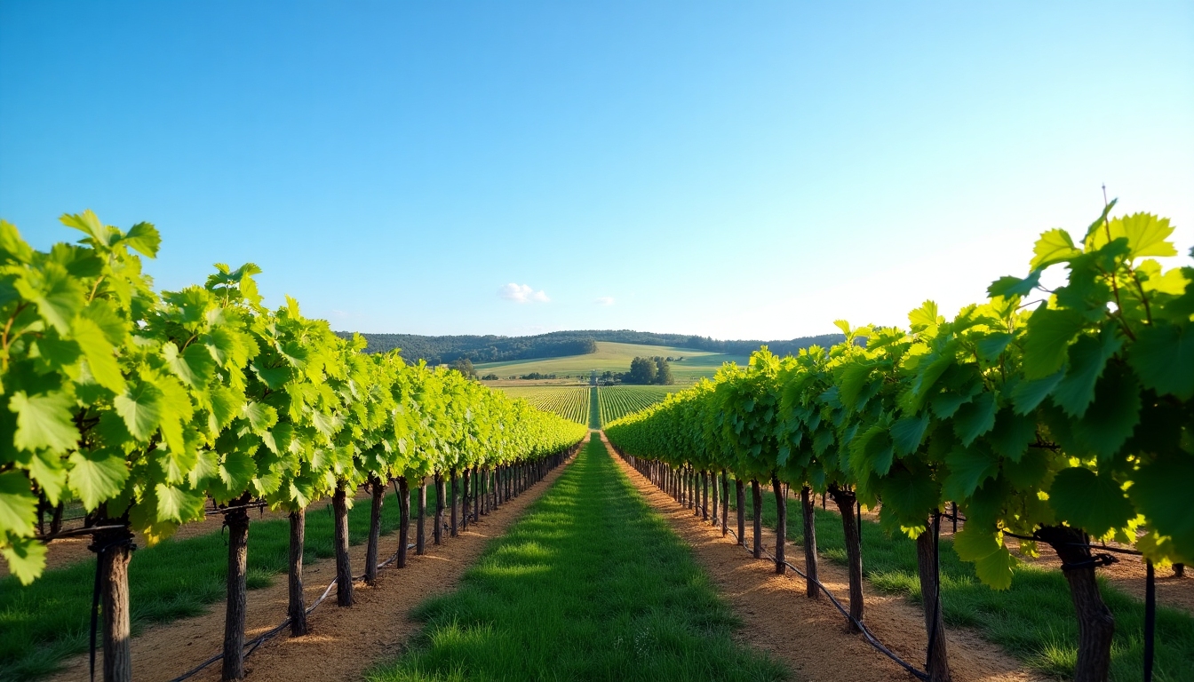 A panoramic view of organic vineyards in sunlight.