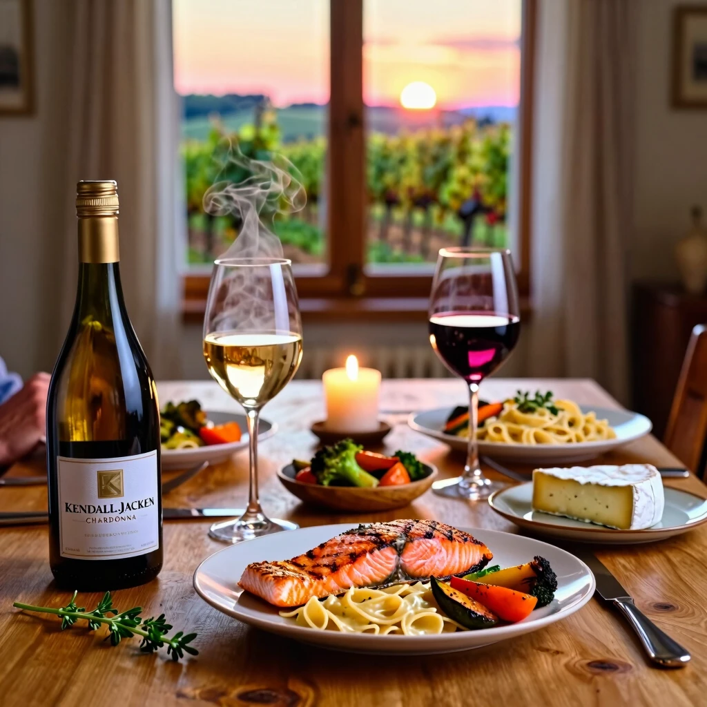 Elegant dinner table with salmon, pasta, cheese, and wines from Jackson Family Wines
