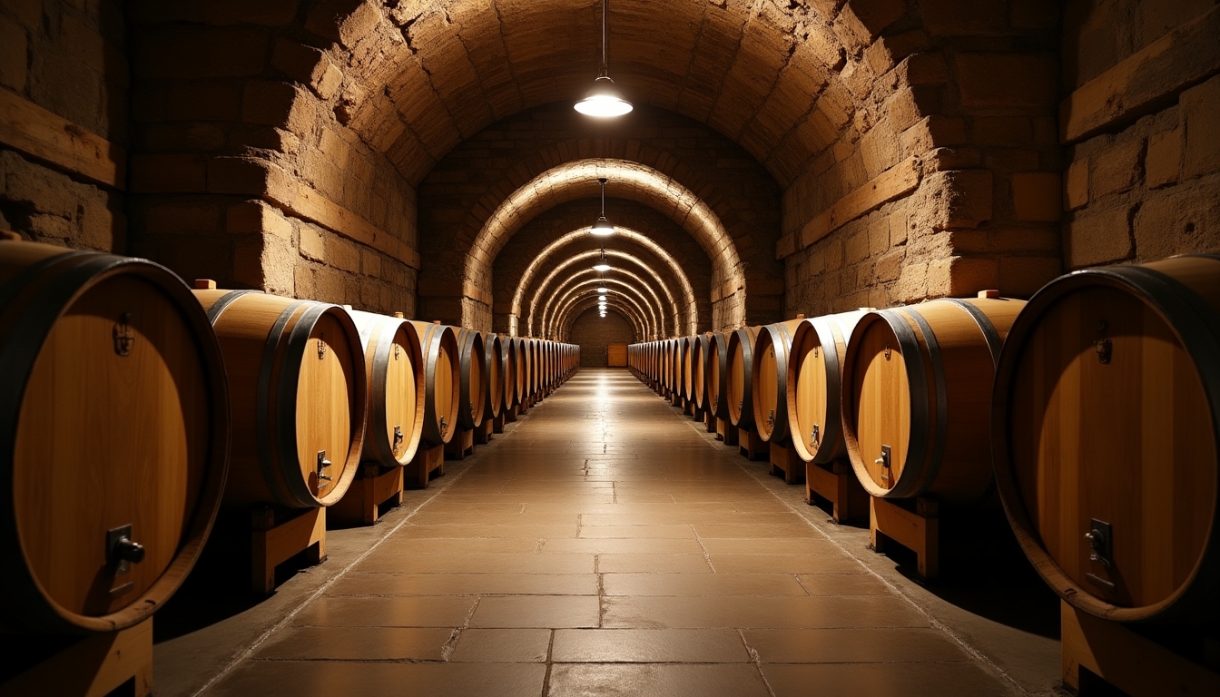 An interior view of a traditional winery with oak barrels lining the walls in neat rows.