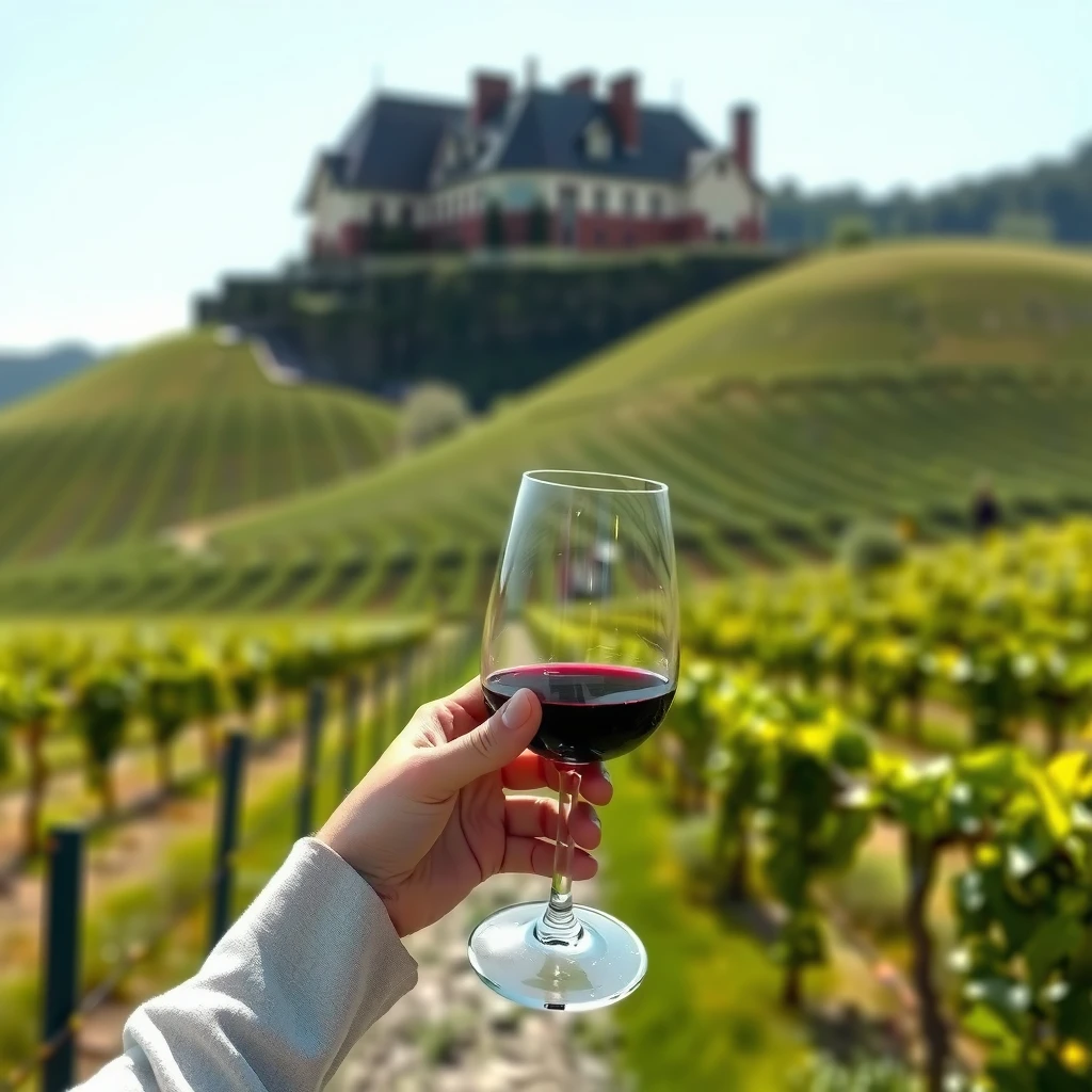 Beginner examining wine color in a glass against vineyard light