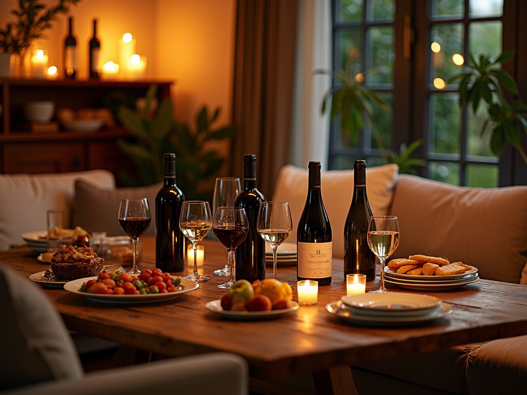 A cozy living room setting with wine glasses and a cheese platter on a wooden table.