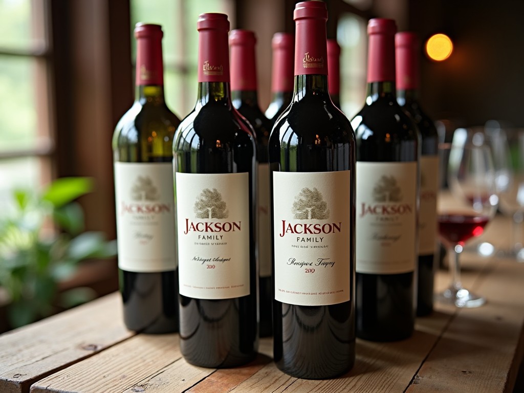 A close-up of different Jackson Family Wine bottles arranged on a rustic wooden table.