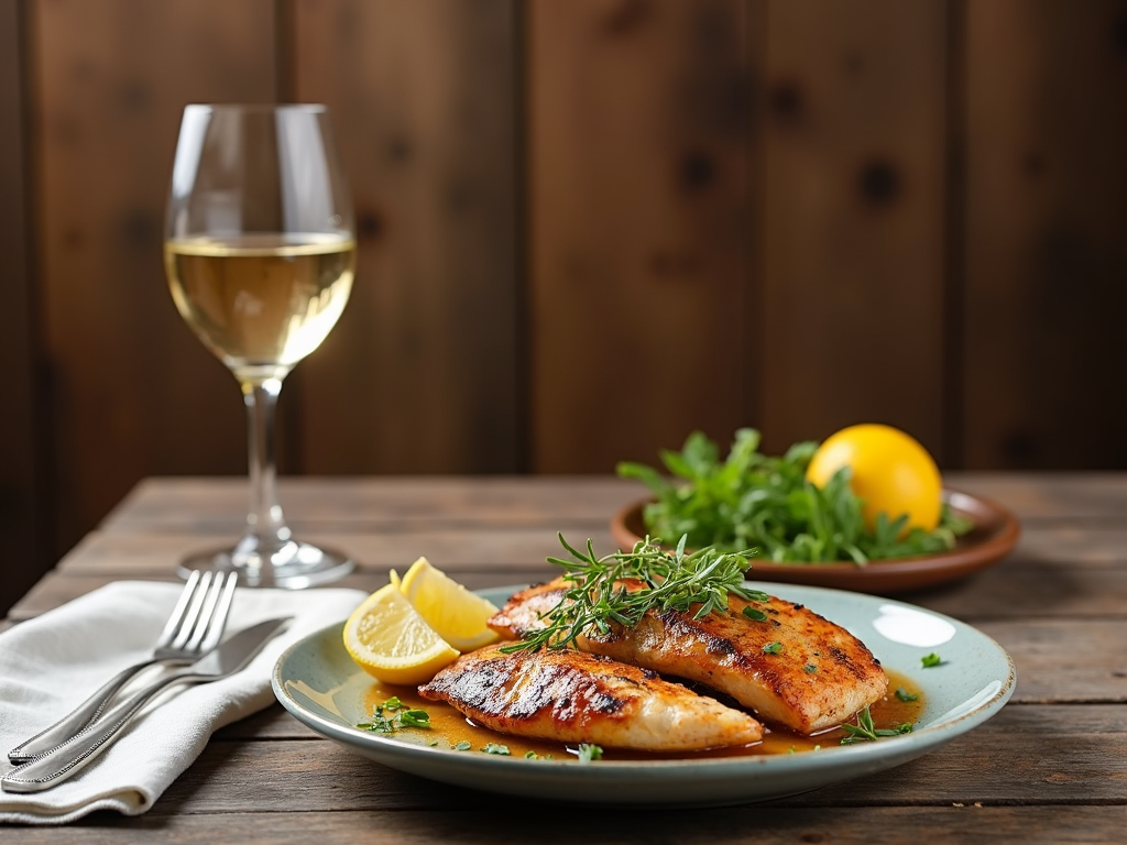 White wine paired with grilled fish.