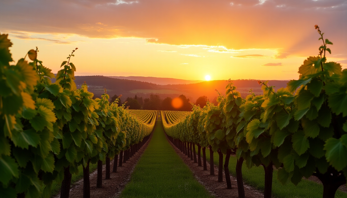 Vineyards at sunset with rows of lush grapevines.