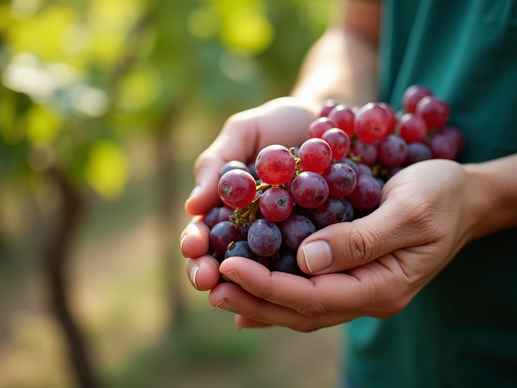 Hands tending sustainable grapevines