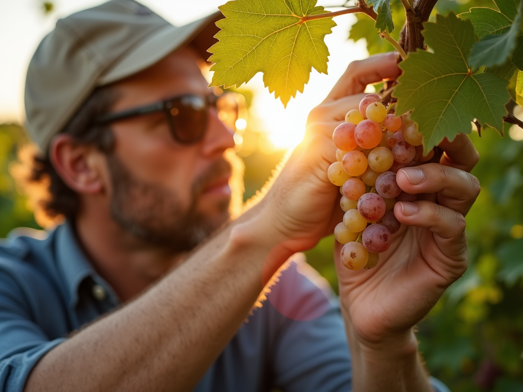 Winemaker inspecting grapes in vineyard