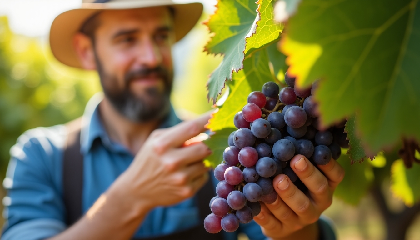 A winemaker delicately examining grape clusters in a vineyard.