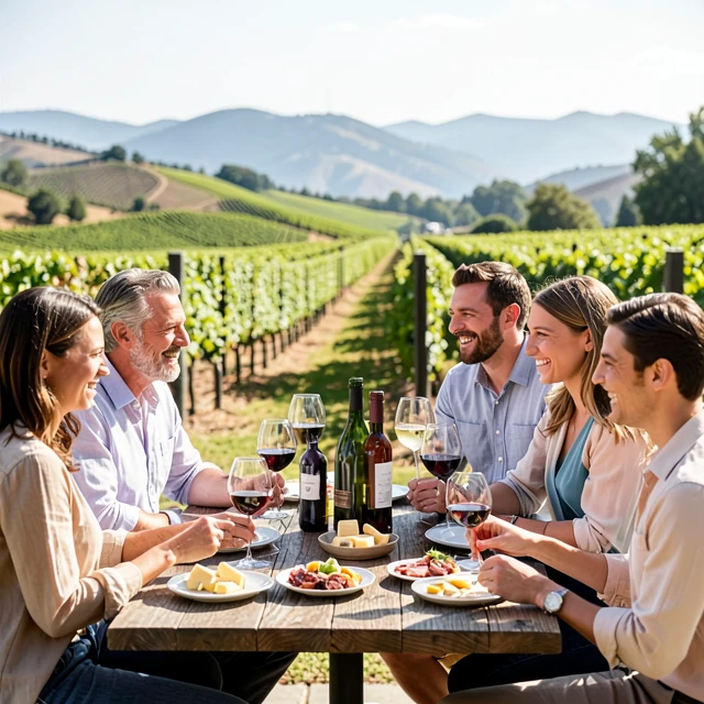 Friends enjoying wine tasting with vineyard views in Napa Valley
