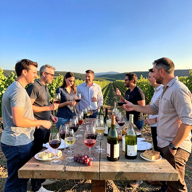 People enjoying a wine tasting session in a vineyard