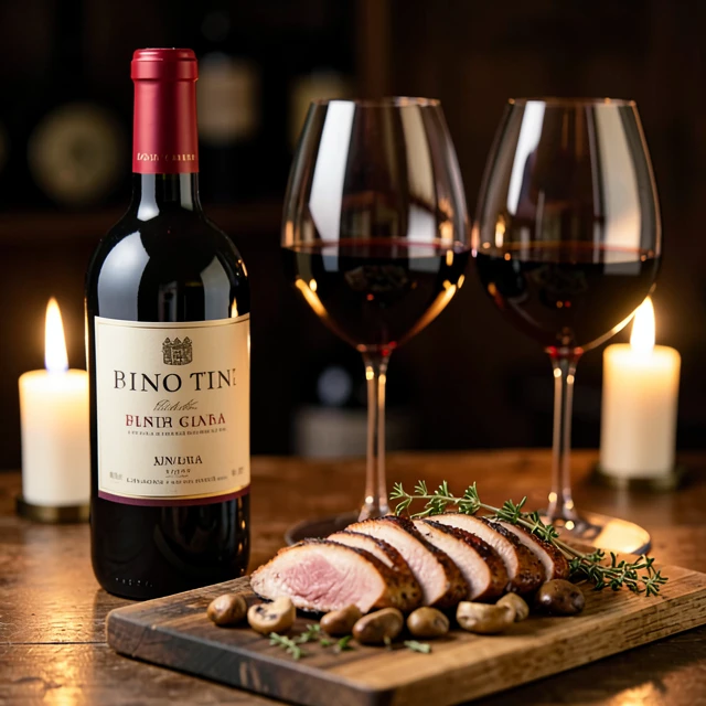 Pinot Noir bottle and roasted duck with mushrooms creating an inviting food pairing scene