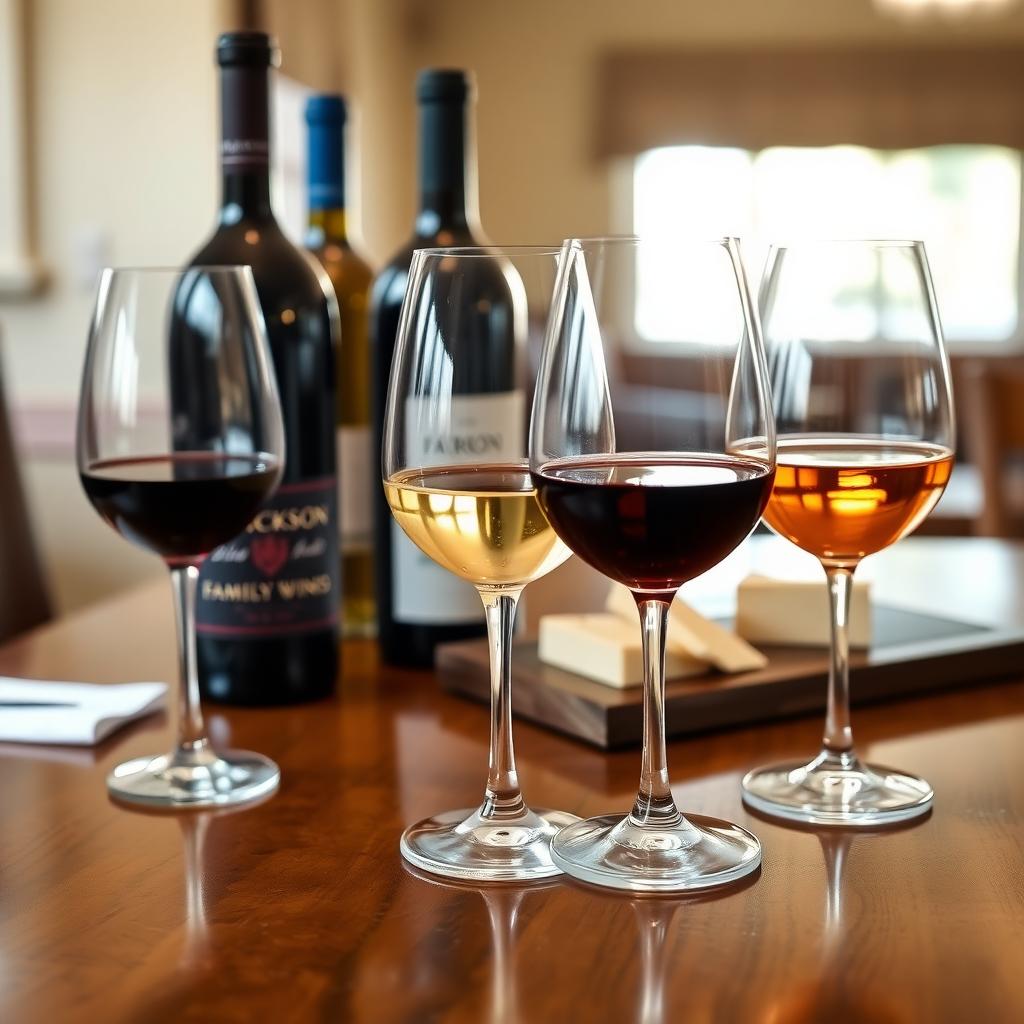 Wine tasting setup with Jackson Family Wines bottles and glasses on a wooden table